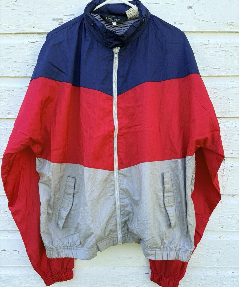 Vintage Windbreaker Jacket Mens XL Red Blue Track Full Zip 80s Zip in Hood